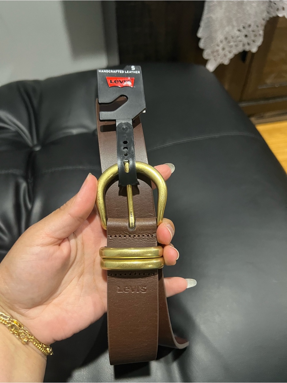 Levi's Brown Leather Belt with Brass-Tone Double Loop Buckle